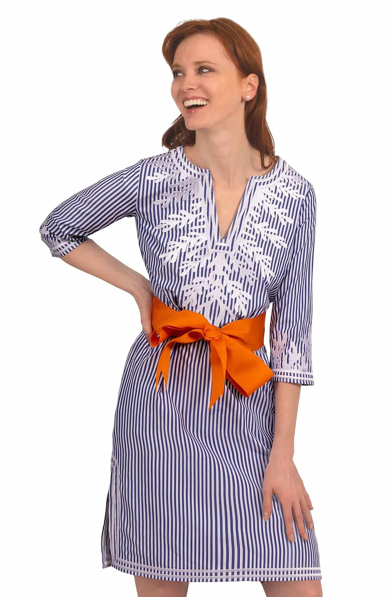 Wash / Wear Embroidered Pinstripe Dress - The Reef