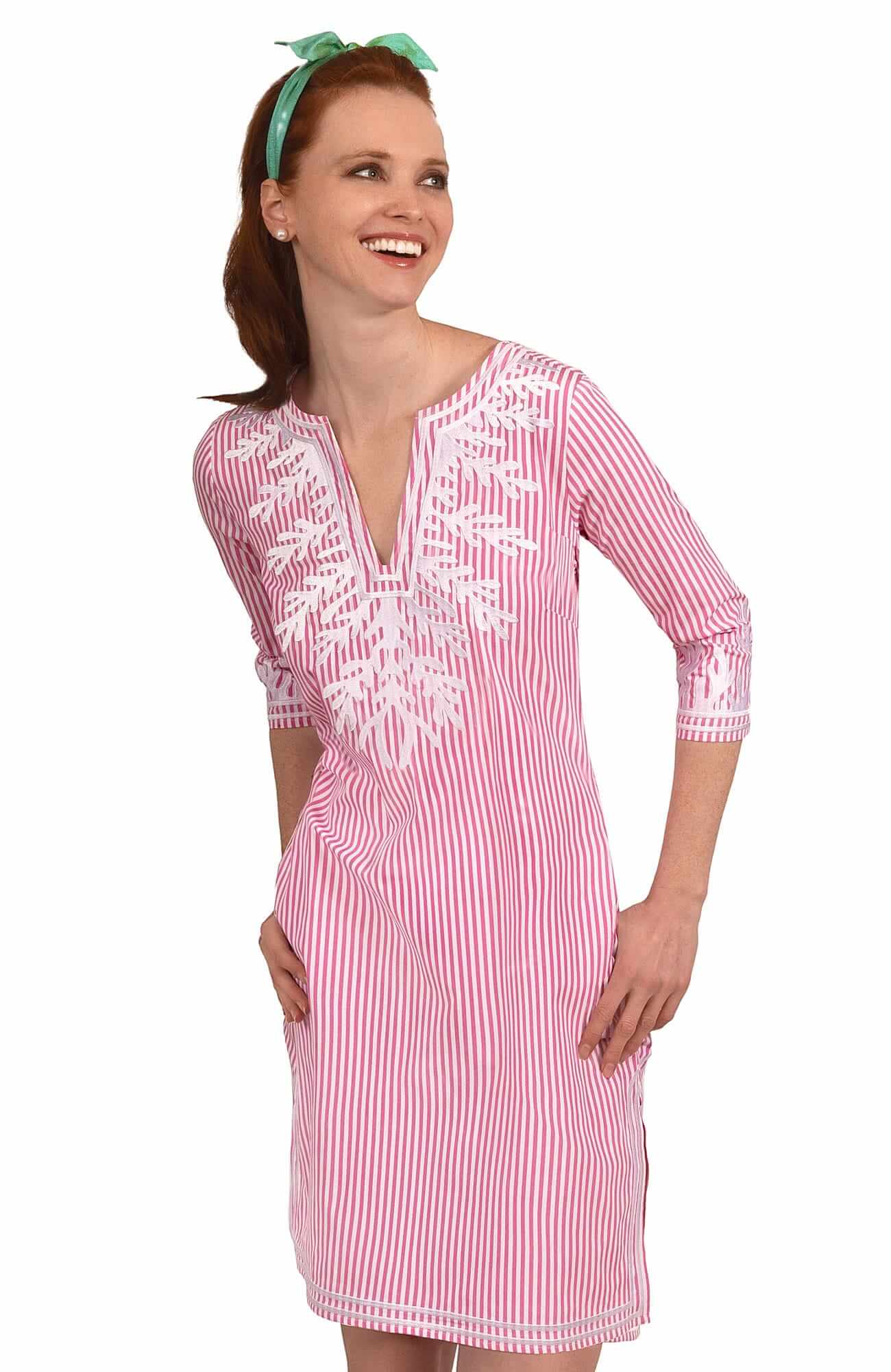 Wash / Wear Embroidered Pinstripe Dress - The Reef