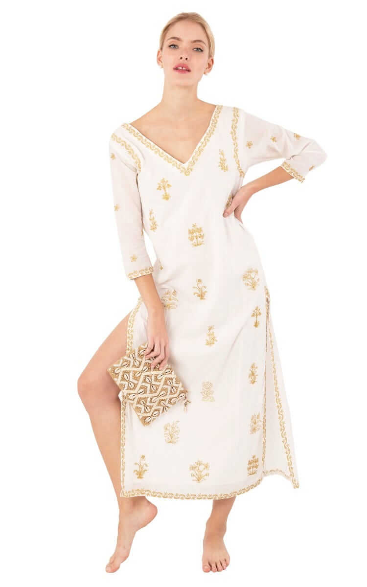 Hand Embroidered Cotton Upsa Daisy Caftan
