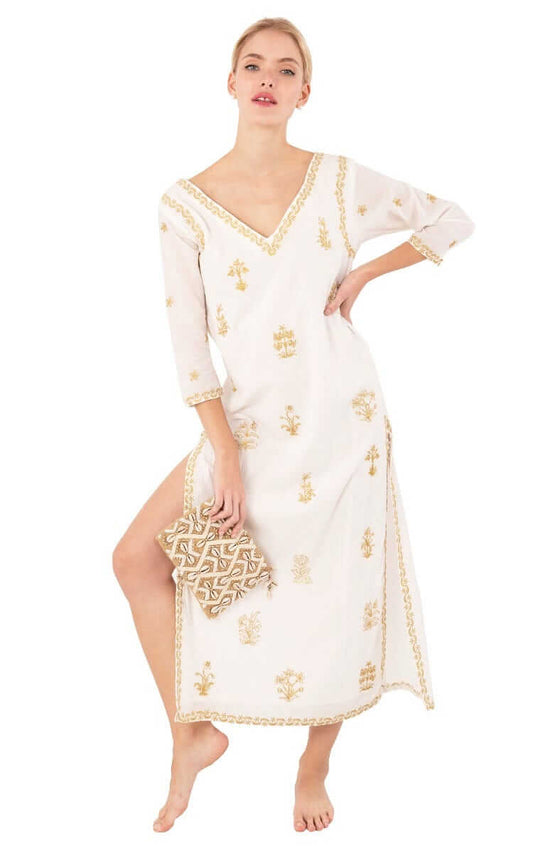 Hand Embroidered Cotton Upsa Daisy Caftan