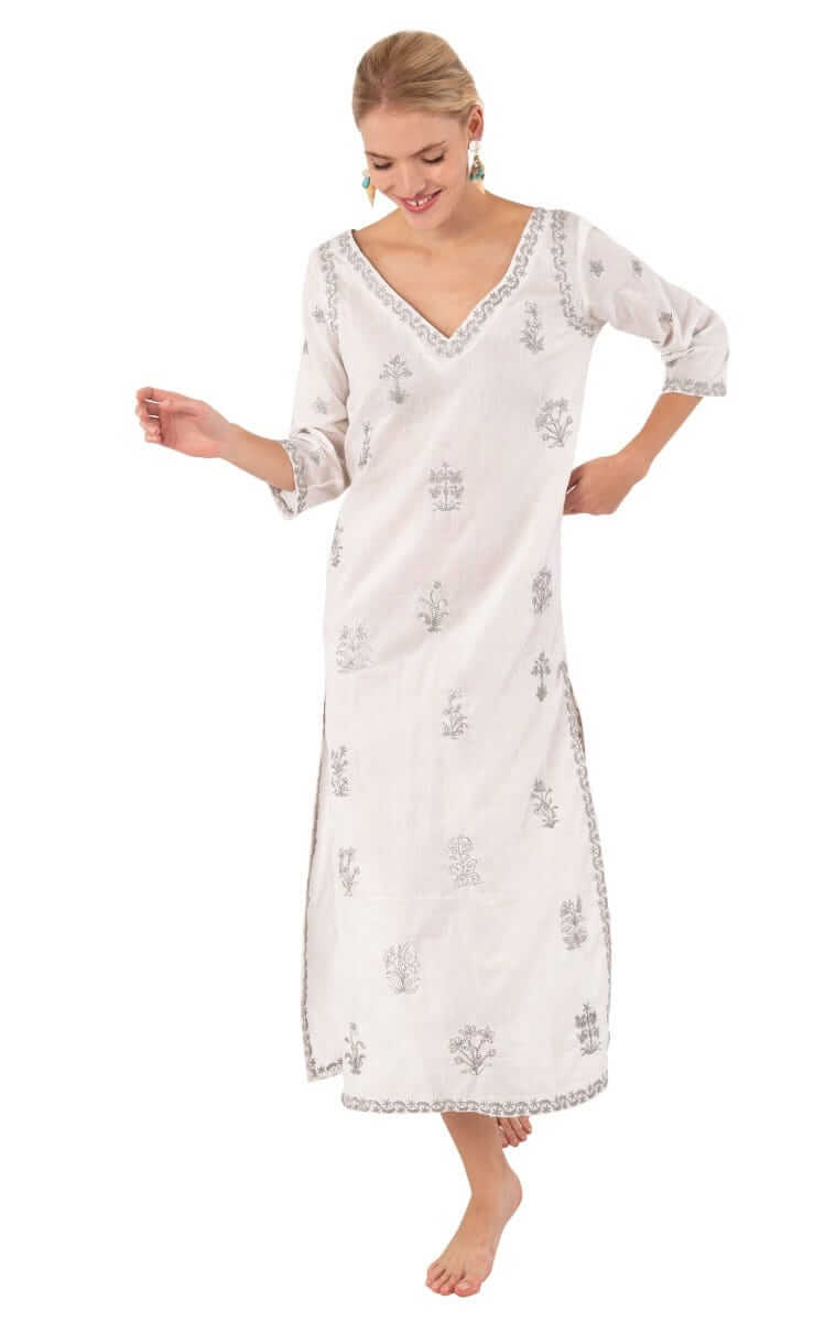 Hand Embroidered Cotton Upsa Daisy Caftan