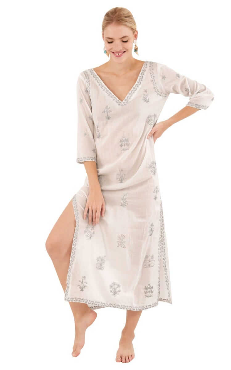 Hand Embroidered Cotton Upsa Daisy Caftan
