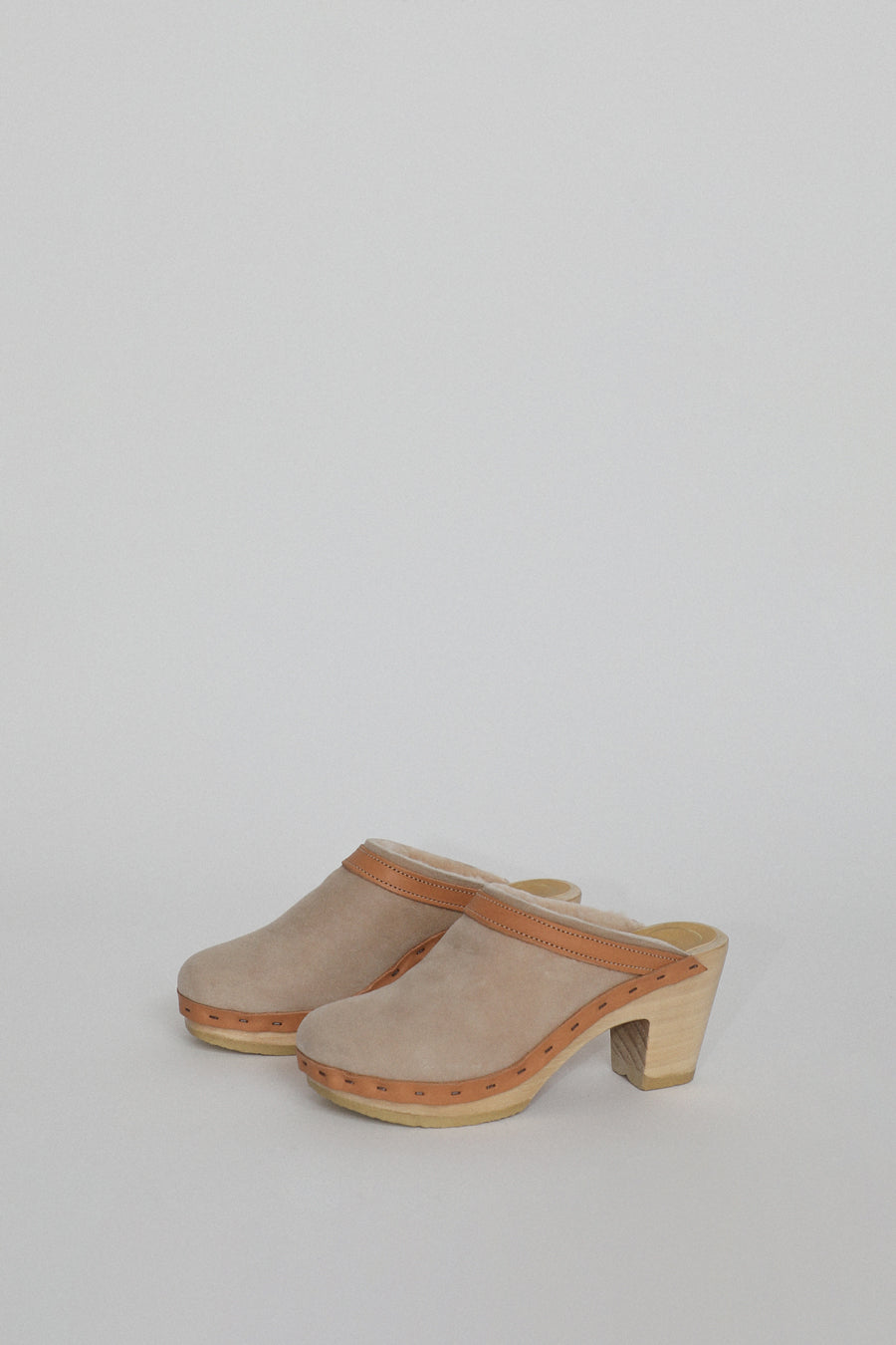 No.6 Dakota Shearling Clog on High Heel in Bone Suede and Desert