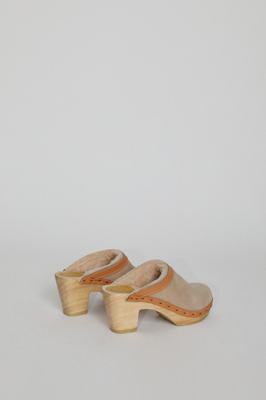 No.6 Dakota Shearling Clog on High Heel in Bone Suede and Desert