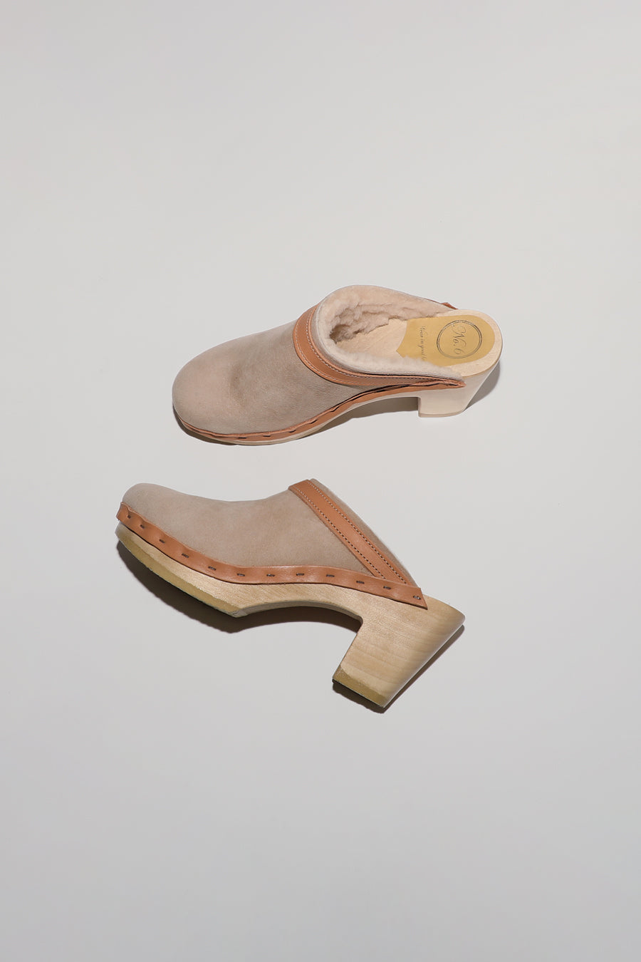 No.6 Dakota Shearling Clog on High Heel in Bone Suede and Desert
