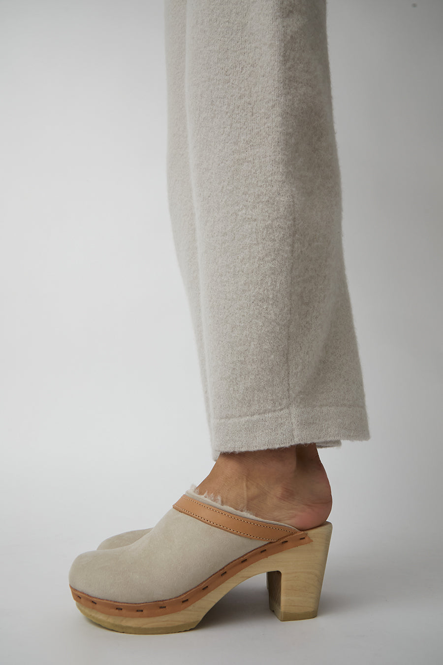 No.6 Dakota Shearling Clog on High Heel in Bone Suede and Desert